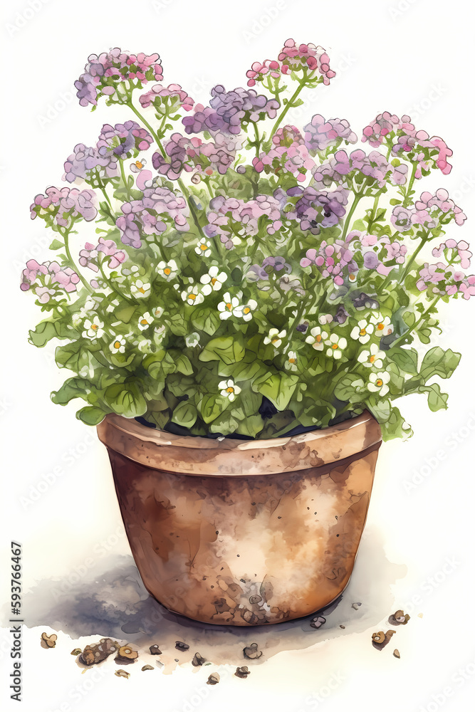 Botanical Watercolor Illustration of Sweet Alyssum in Pot. Generative AI