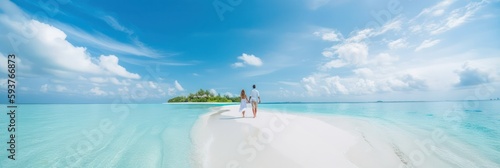 a young couple walks along the white sand of a beach on a paradise island Fototapet