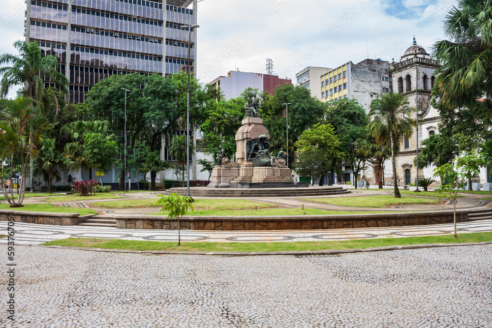 Praça Barão de Rio Branco - SANTOS, SP, BRAZIL - APRIL 09, 2023: Barao de Rio Branco Square in the historic center, with the 1934 monument by Lorenzo Massa in honor of Gaffrée and Guinle.