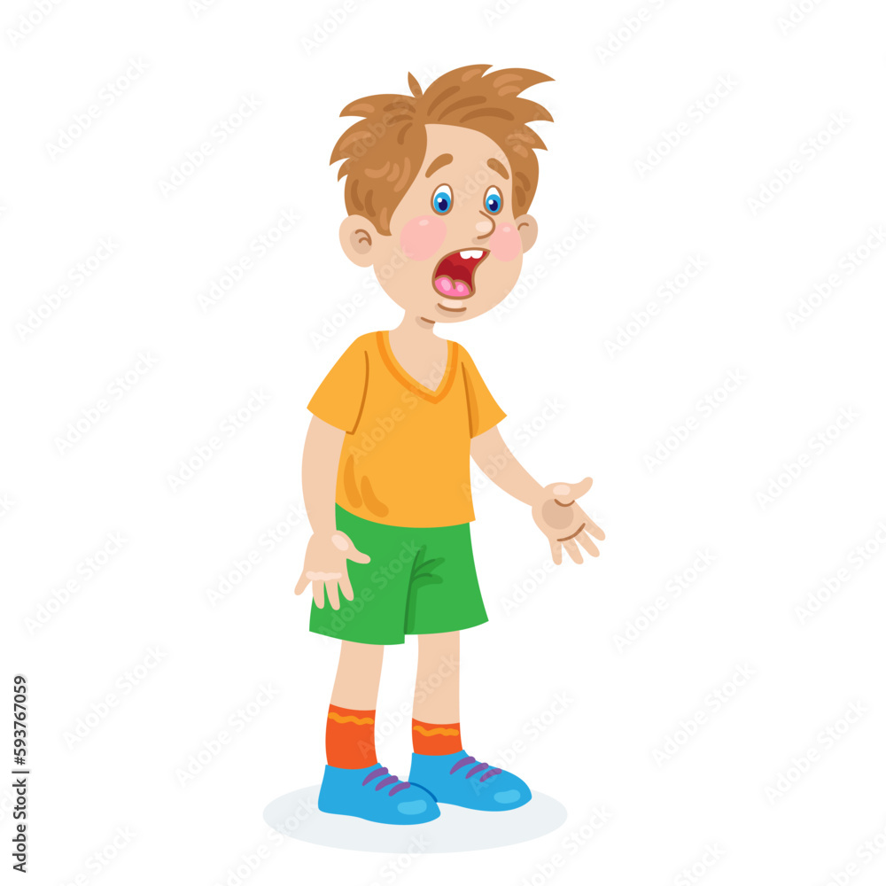 Funny boy screams. In cartoon style. Isolated on white background. Vector flat illustration.