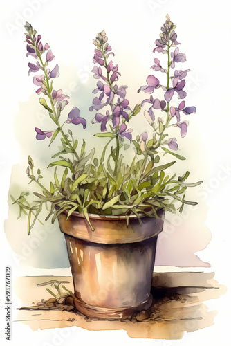 Botanical Watercolor Illustration of Toadflax in Pot. Generative AI