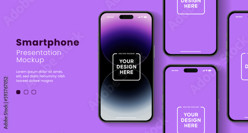 3D realistic high quality smartphone mockup with isolated background. Smart phone mockup collection. Device front view. 3D mobile phone with shadow on white background.