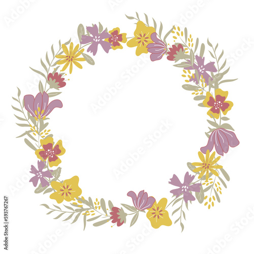 Elegant flower wreath. Handdrawn fantastic flowers and leaves in pastel colors. Design for cards, poster, invitation.