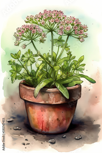 Botanical Watercolor Illustration of Valerian in Pot. Generative AI