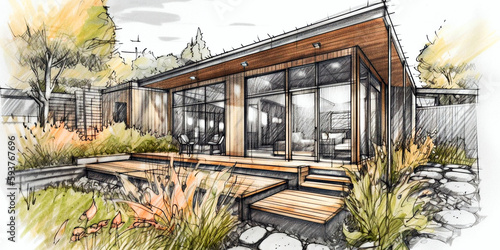 architectural drawing: Accessory Dwelling Unit (ADU), kit house – aka in-law cottage or “tiny house” (generative AI content)