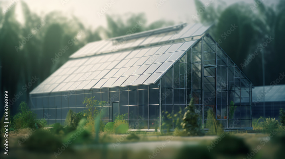 Realistic illustration green house energy solar energy panel and trees and plants. Al generated Realistic illustration green house energy solar energy panel and trees and plants. Al generated