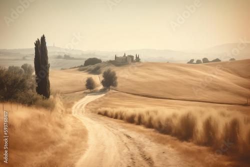 Autumn Italian landscape in retro style, an autumn field with dirt road and cloudy sky. AI-generated 
