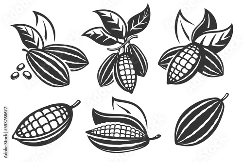 Set of cocoa pod isolated on white background. Logo template. Cacao beans. Vector illustration.