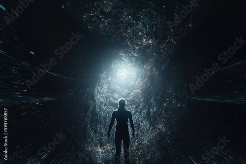image of a silhouette of a person standing in front of a column of bright light, the concept of transformation, mysticism and travel between worlds. Generative AI
