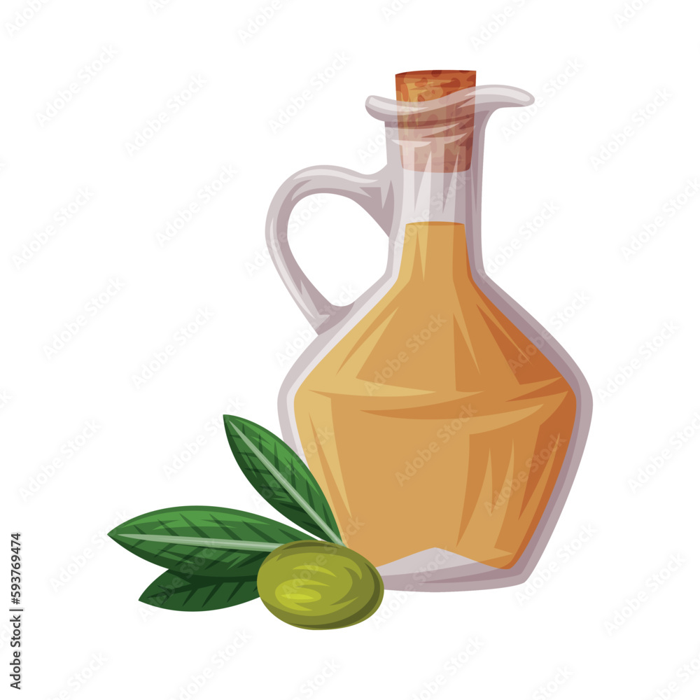 Glass Jug of Olive Oil and Green Fruit as Greece Object and Traditional Food Vector Illustration Glass Jug of Olive Oil and Green Fruit as Greece Object and Traditional Food Vector Illustration
