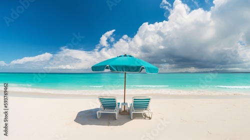 A Perfect Sandy Beach with a Turquoise Parasol and Two Chairs  Blue Sky  Sea  Generative AI