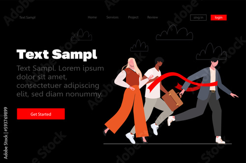 Finish line. Business people run race crossing finish line ribbon. Team leader finish first. Leadership, success, career ladder concept. Modern concept for website development, social media, template 