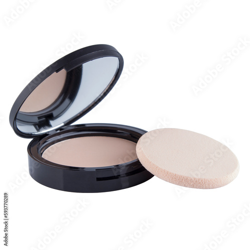 Cosmetic compact powder for face makeup in a plastic case with a mirror and powder puff on a white background