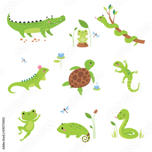 Happy Green Animals with Turtle  Frog  Snake  Iguana and Chameleon Vector Set