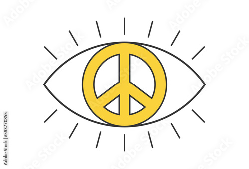 Retro open eye with peace sign. Psychedelic groovy hippie style bizarre design. Vintage hippy crazy peaceful look pupil sticker. Abstract 60s, 70s, 80s trendy y2k. Trippy art vector eps illustration