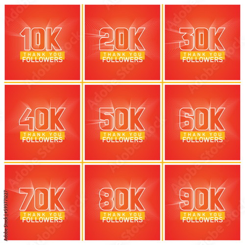 Thank you 10-90k followers numbers postcard set. Congratulating gradient flat style gradient thanks image vector illustration isolated background. Template for internet media and social network.