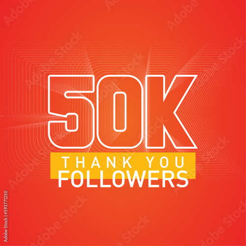 Thank you 50000 followers numbers postcard. Congratulating gradient flat style 50k thanks image vector illustration isolated on orange background. Template for internet media and social network.