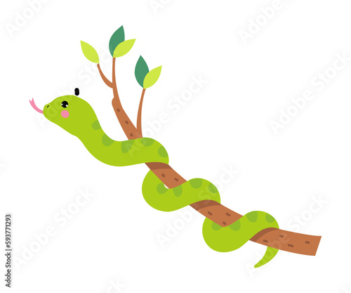 Happy Green Snake or Serpent Curling Around Tree Branch Vector Illustration