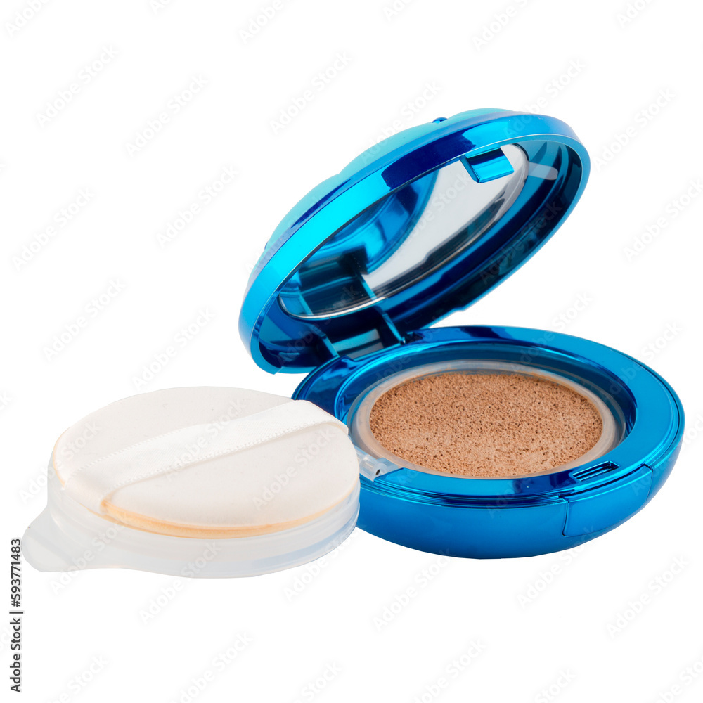 Bronzer powder for facial makeup in a plastic case with a mirror and a brush on a white background Bronzer powder for facial makeup in a plastic case with a mirror and a brush on a white background