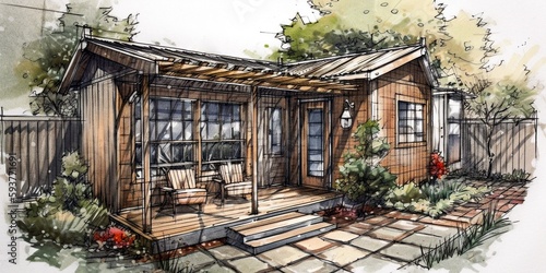 architectural drawing: Accessory Dwelling Unit (ADU), kit house – aka in-law cottage or “tiny house” (generative AI content)