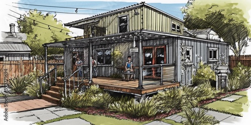 architectural drawing: Accessory Dwelling Unit (ADU), kit house – aka in-law cottage or “tiny house” (generative AI content)
