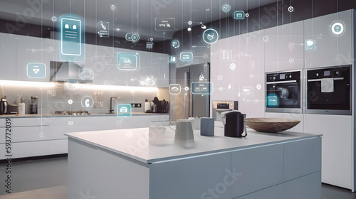 The concept of the Internet of Things with an image of a smart home  featuring various connected devices and appliances AI