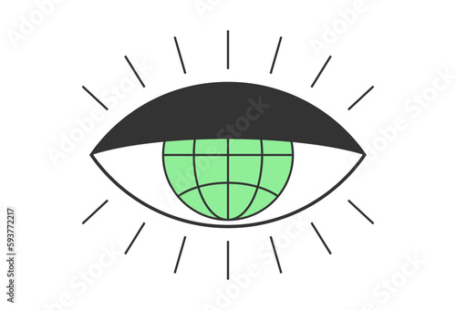 Retro open eye with planet Earth. Psychedelic groovy hippie style bizarre design. Vintage hippy crazy funky globe pupil sticker. Abstract 60s, 70s, 80s trendy y2k. Trippy pop art vector illustration