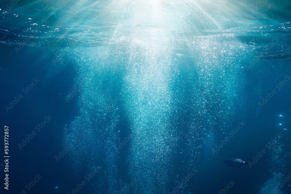 Sunlight underwater with bubbles rising to water surface in the sea, Mediterranean, France - obrazy, fototapety, plakaty 