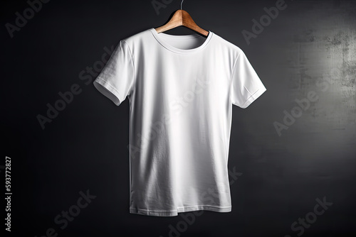 Blank white T-Shirt hanging on a hanger on a gray background, created with Generative AI