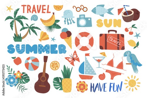 Set of summer stickers. Palm trees, bananas and guitar. Holidays and vacations in tropical and exotic countries. Swimsuit and suitcase. Cartoon flat vector illustrations isolated on white background
