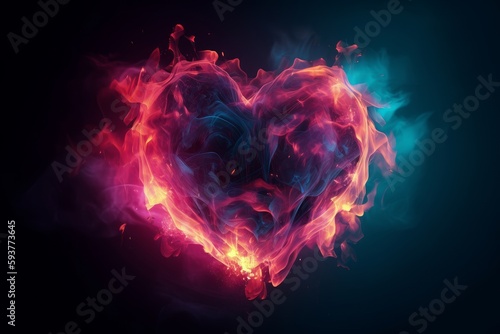 Radiant Flames of Love: A Fiery Heart Wallpaper in Colorful Light, Generative AI