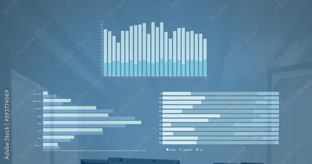 Animation of statistical data processing against empty office Animation of statistical data processing against empty office