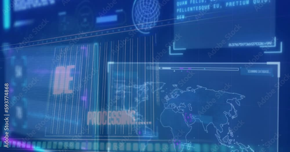 Animation of interface with data processing against blue background Animation of interface with data processing against blue background