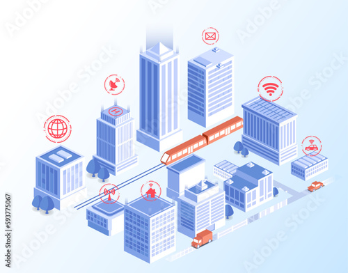 White smart city concept. Urban architecture and infrastructure. Modern high rise and technological buildings. Layout and mock up. Wireless connection and internet. Isometric vector illustration