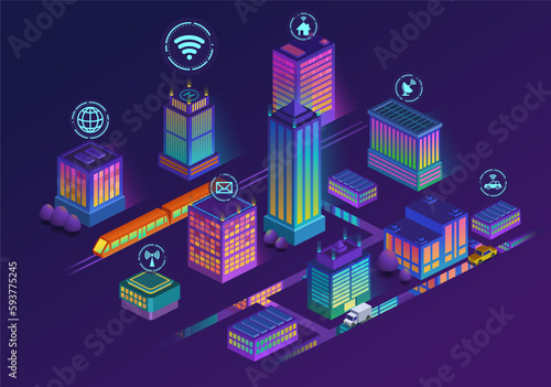 Violet smart city concept. Wireless connection and internet. Modern services and technologies, remote control and wi fi. Urban skyline, buildings and architecture. Isometric vector illustration