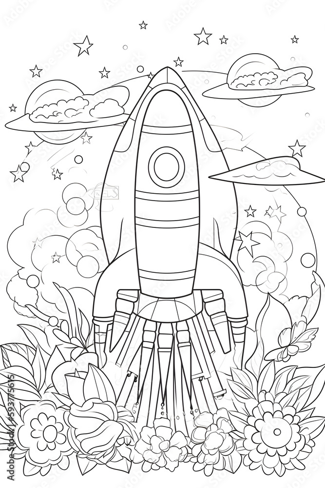 Coloring page. Space and planets.Generative AI Image. Coloring page. Space and planets.Generative AI Image.