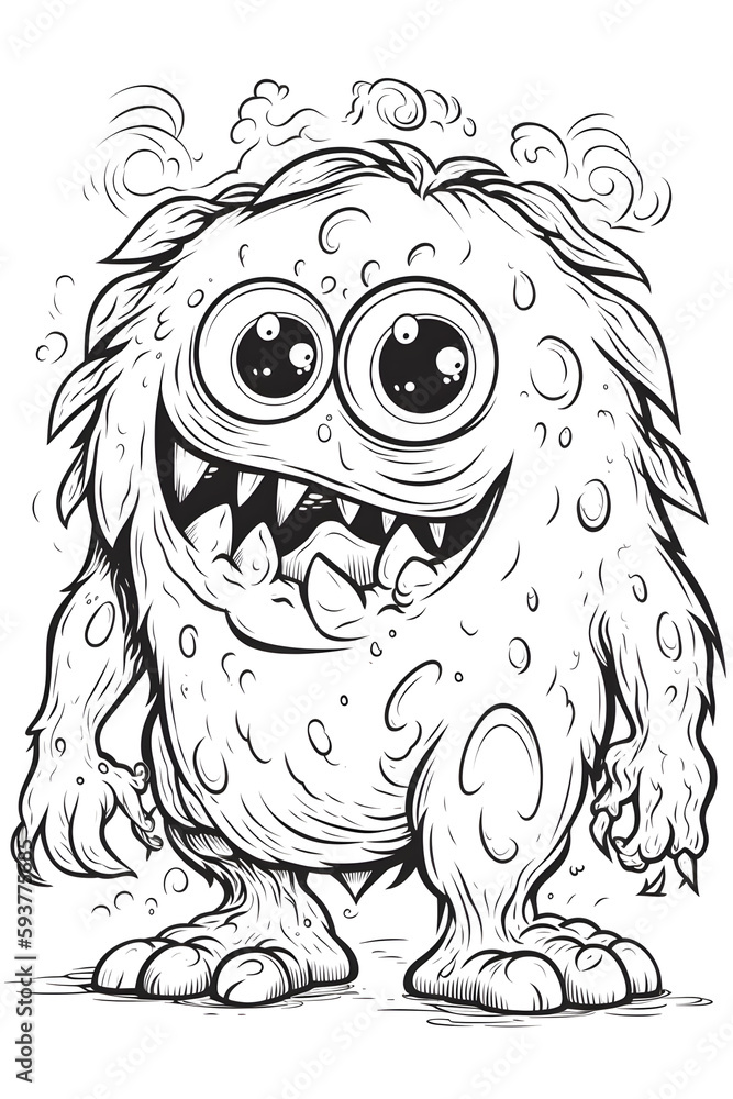 Cute monster, colouring page and book black and white,Generative AI Image.
