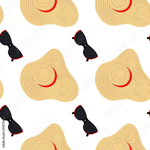 Seamless pattern of a summer hat with wide brim and stripes around and sunglasses with dark glasses.