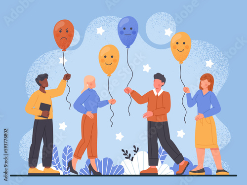 Customer feedback concept. Men and women with balloons with different emotions. Psychology and feelings. Ranking and rating on internet. Know your client, user. Cartoon flat vector illustration