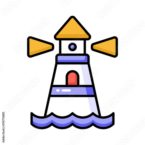 A tower containing a beacon light to warn or guide ships at sea, well designed icon of lighthouse