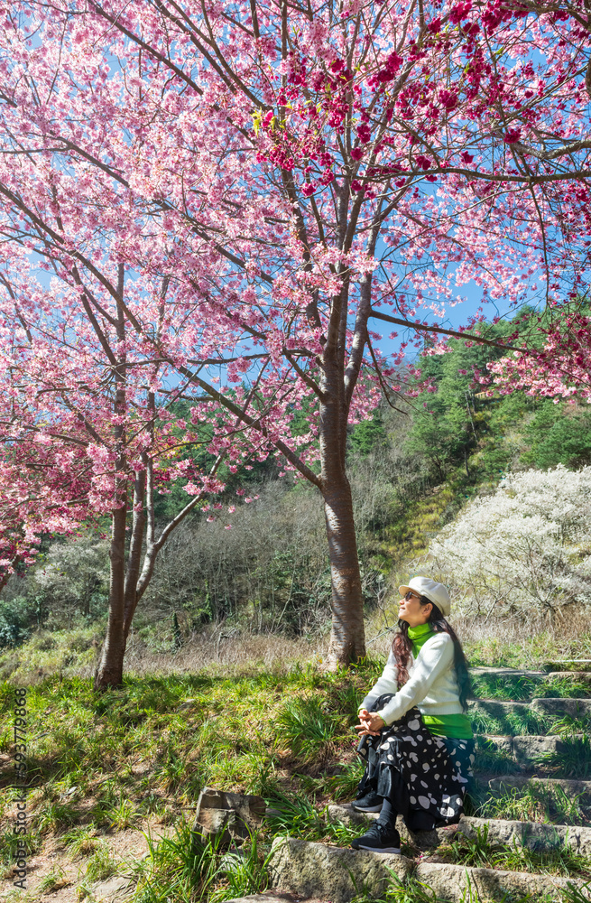 Female sitting and relaxing under spring flowers