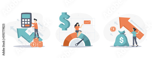 Cost optimization concept set. Idea of financial and marketing strategy. Cost and income balance. Spending and cost reduction, while maximizing business value. Isolated flat illustration vector	