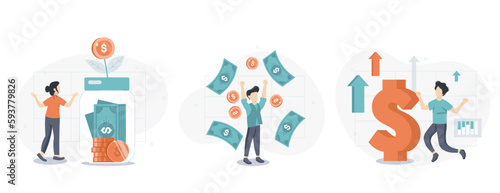 Cost optimization concept set. Idea of financial and marketing strategy. Cost and income balance. Spending and cost reduction, while maximizing business value. Isolated flat illustration vector	