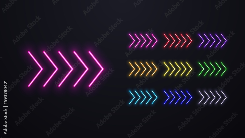 A set of neon arrows. Modern contour luminous pointer.