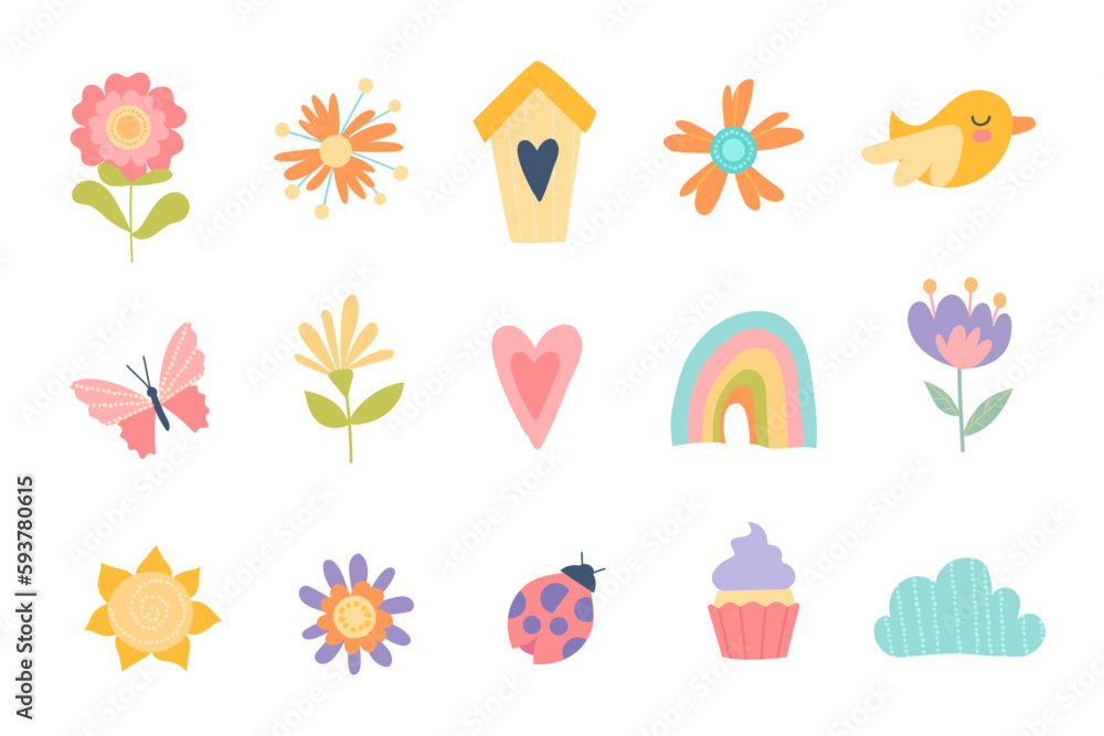 Set of pastel stickers. Beautiful flowers and houses. Childrens drawings, creativity and art. Rainbow, bird, butterfly and heart. Cartoon flat vector illustrations isolated on white background