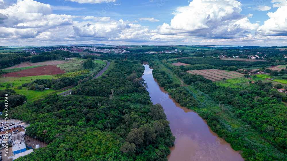 Aerial view of the city of Piracicaba, in Sao Paulo, Brazil. Piracicaba river with trees