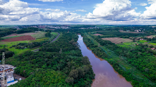Aerial view of the city of Piracicaba, in Sao Paulo, Brazil. Piracicaba river with trees