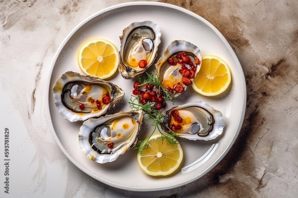 Fresh oysters on a plate with ice and lemon. Serving oysters in a restaurant. Generative AI.