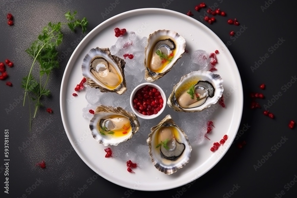 Fresh oysters on a plate with ice and lemon. Serving oysters in a restaurant. Generative AI.