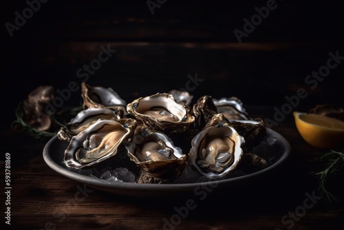 Fresh oysters on a plate with ice and lemon. Serving oysters in a restaurant. Generative AI.